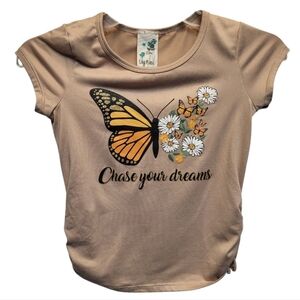 Lily Bleu Tan Kids Butterfly Graphic Cap Sleeve Tee with Ruched Sides - Size 7/8